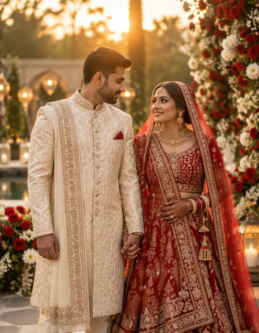 Bangladeshi bride in red lehenga and groom in ivory sherwani at golden hour